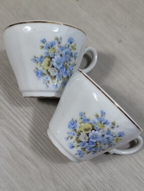 Vintage Floral Teacups Set of 2 Japan Blue Yellow Flowers Tea Party Cottage